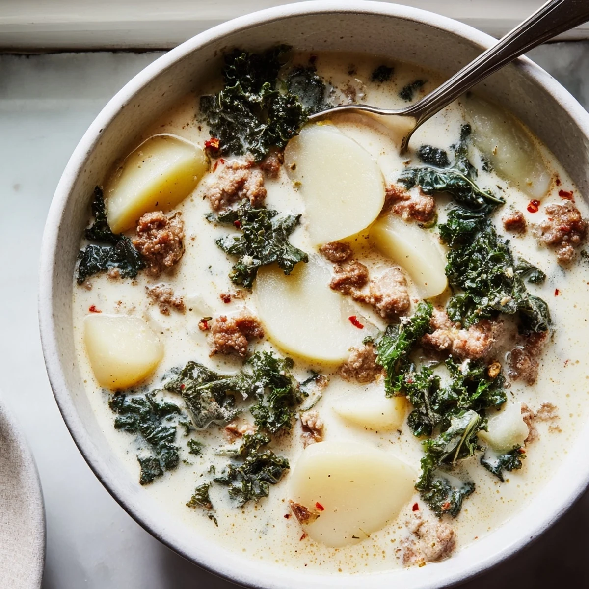 A warm bowl of Zuppa Toscana soup topped with wilted kale and crusty bread