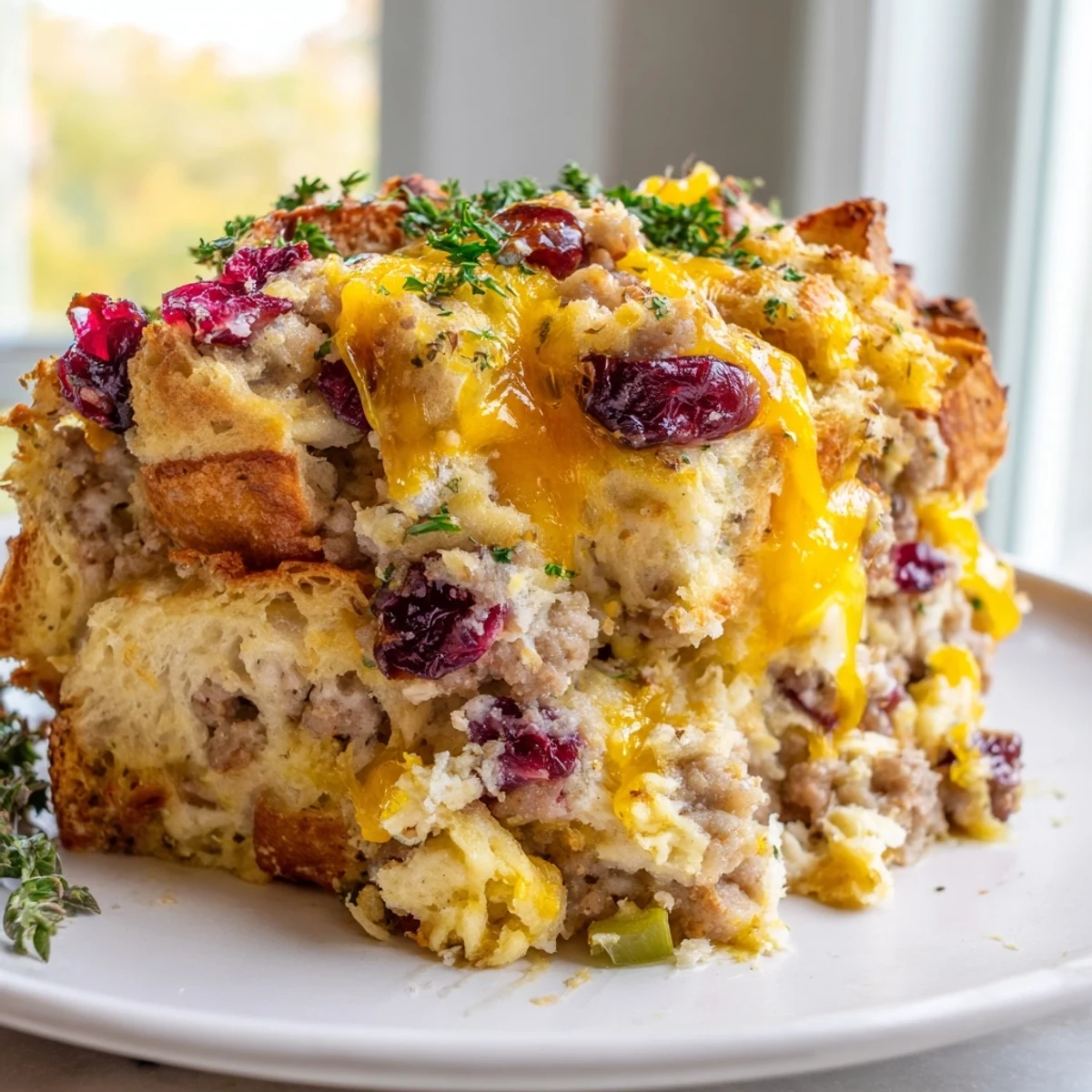 Golden Cranberry Sausage Stuffing Breakfast Casserole fresh from the oven with bubbly melted cheddar on top