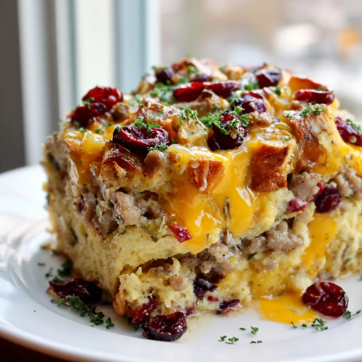 Spoonful of Cranberry Sausage Stuffing Breakfast Casserole revealing fluffy egg custard studded with cranberries and herbs