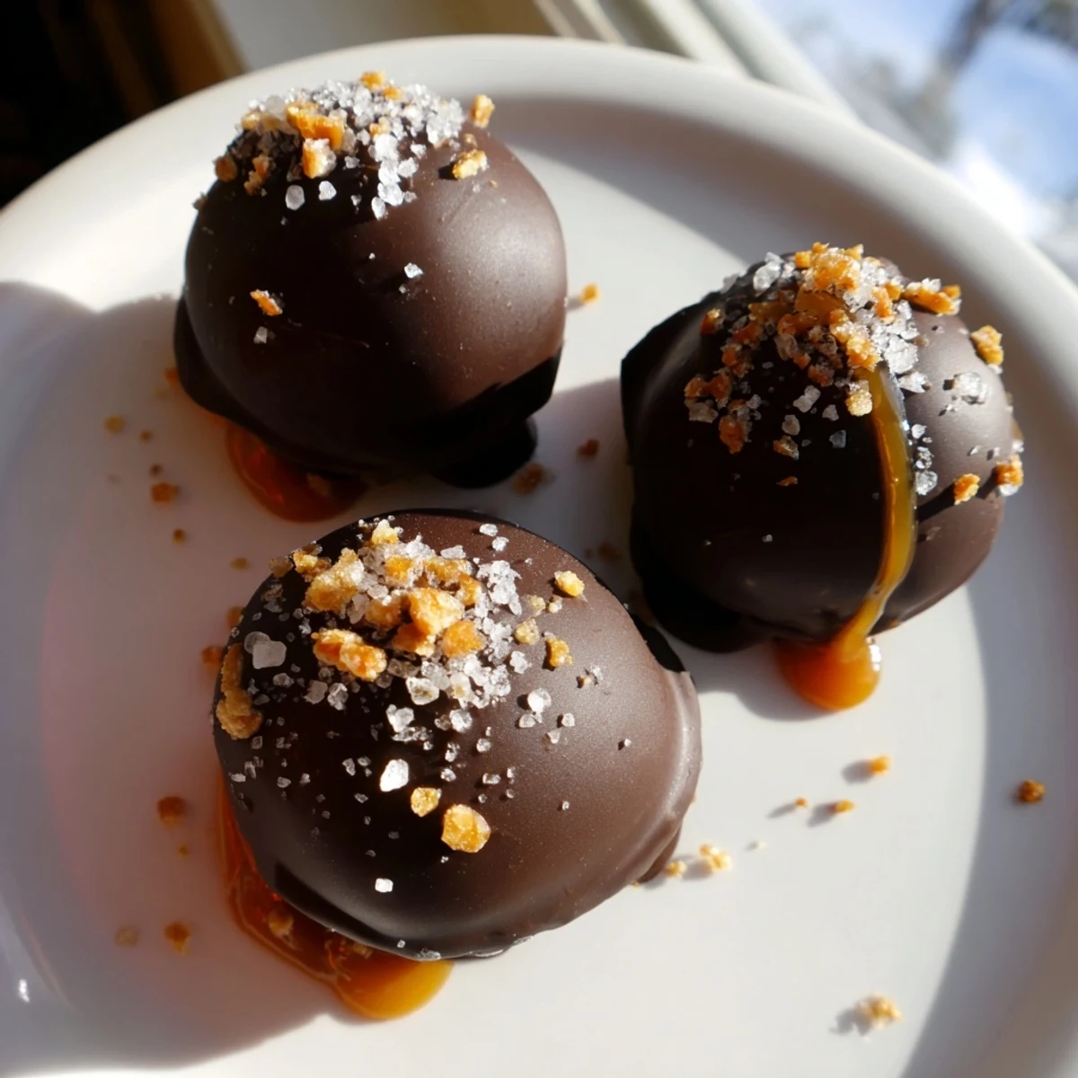 Golden chocolate-dipped Salted Caramel Pretzel Cheesecake Balls drizzled with sticky caramel on parchment paper