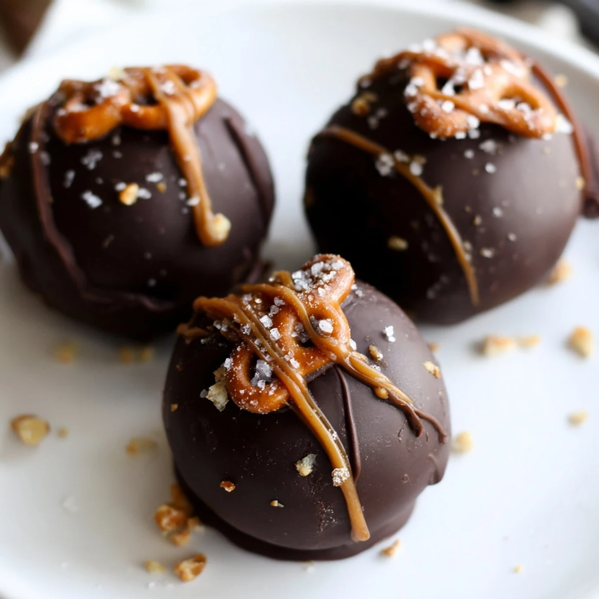 Bite-sized Salted Caramel Pretzel Cheesecake Balls glistening with caramel drizzle and topped with crunchy pretzel crumbs