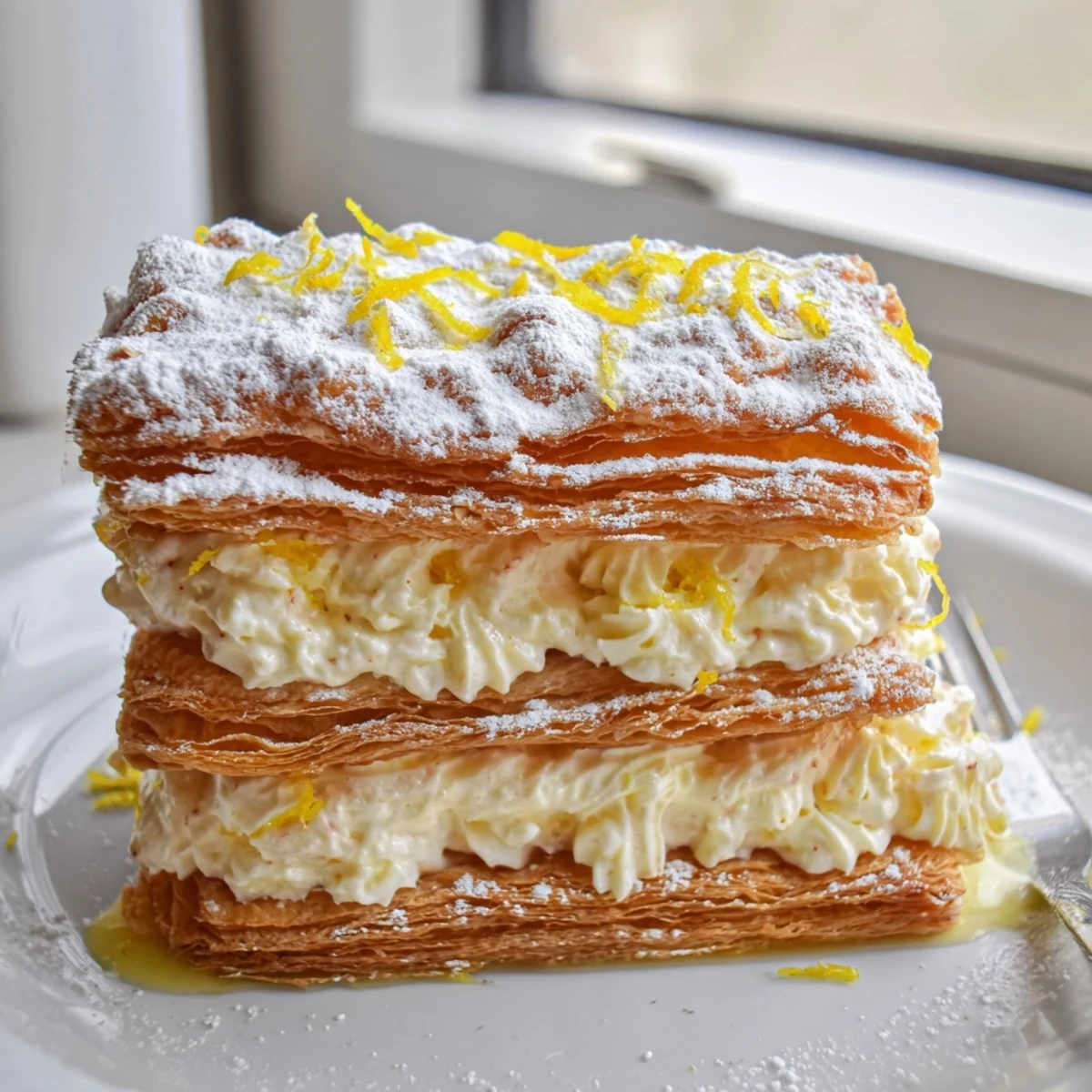 Crispy lemon ricotta puff pastry mille feuille layers dusted with snowy powdered sugar