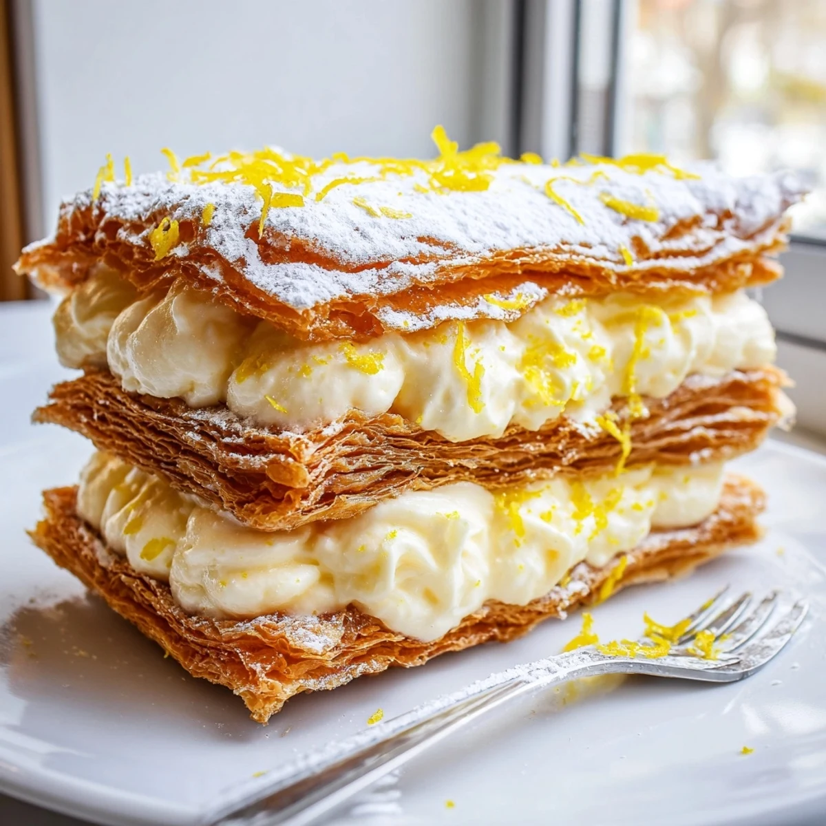 Golden flaky lemon ricotta puff pastry mille feuille topped with bright citrus zest