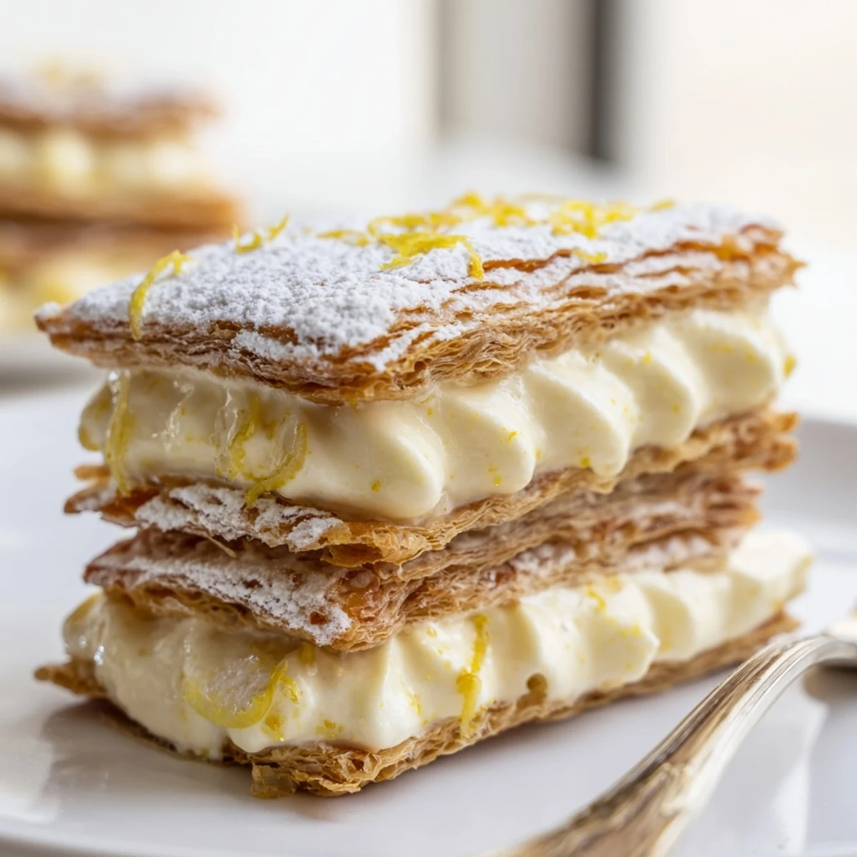 Elegant lemon ricotta puff pastry mille feuille sliced to reveal creamy zesty filling
