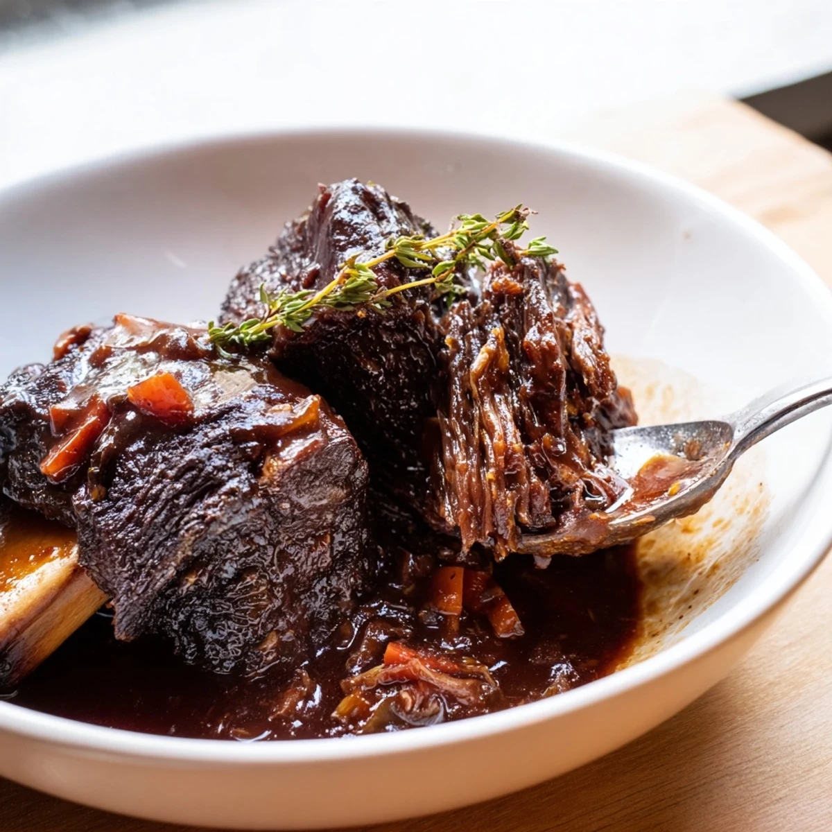 Fall-off-the-bone oven braised beef short ribs glistening with rich red wine sauce