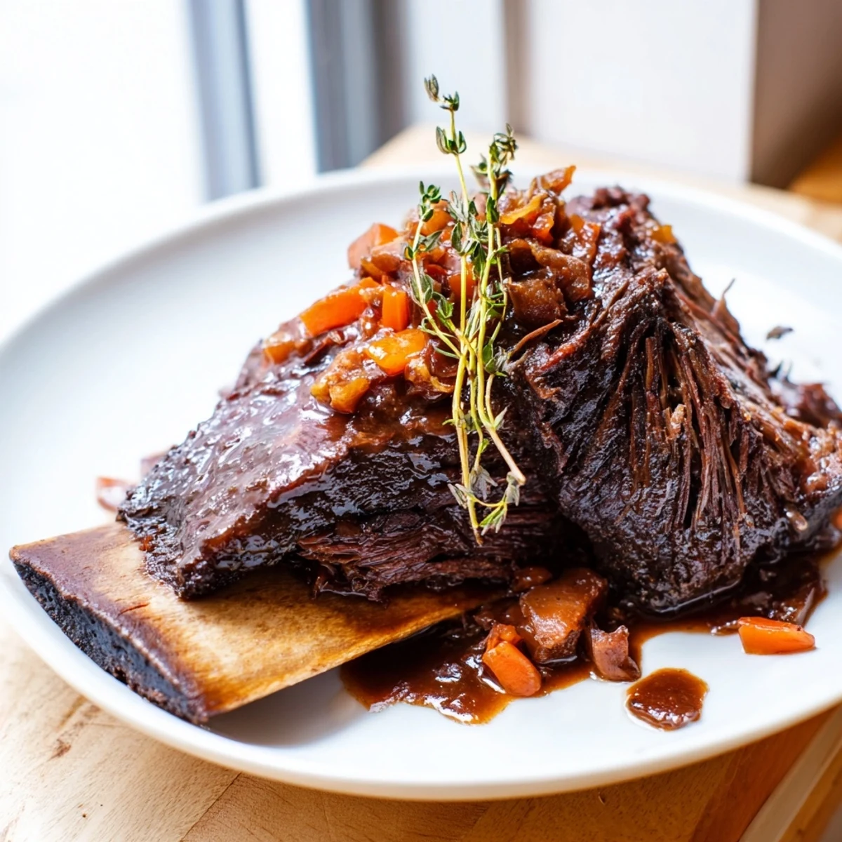 Tender oven braised beef short ribs nestled over creamy mashed potatoes with herb garnish