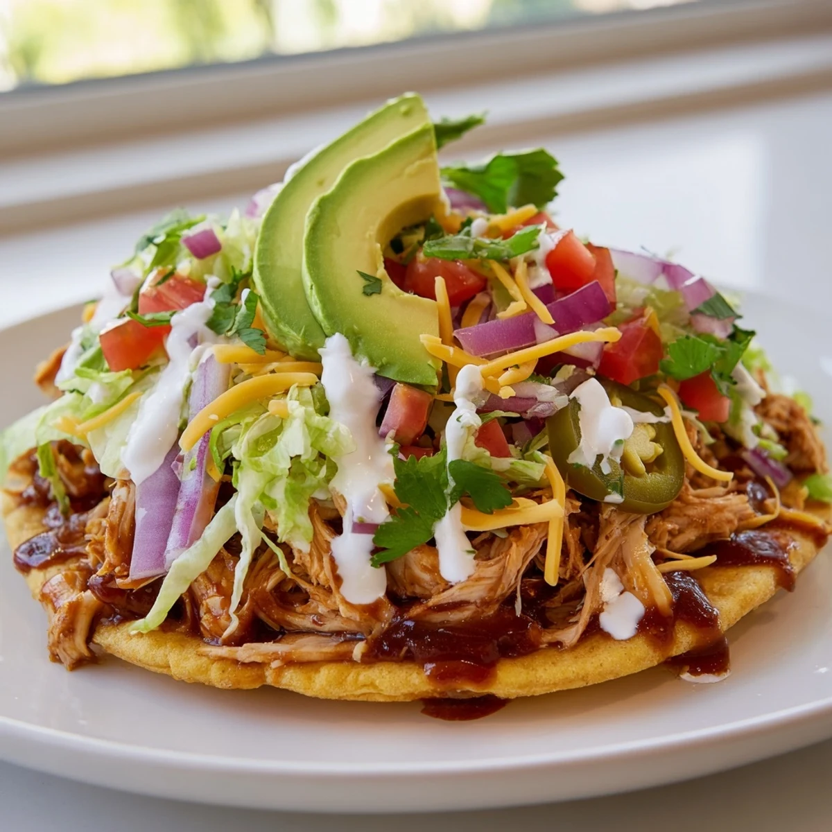 Crispy sweet smoky BBQ chicken tostadas loaded with fresh lettuce, tomato, and creamy avocado slices