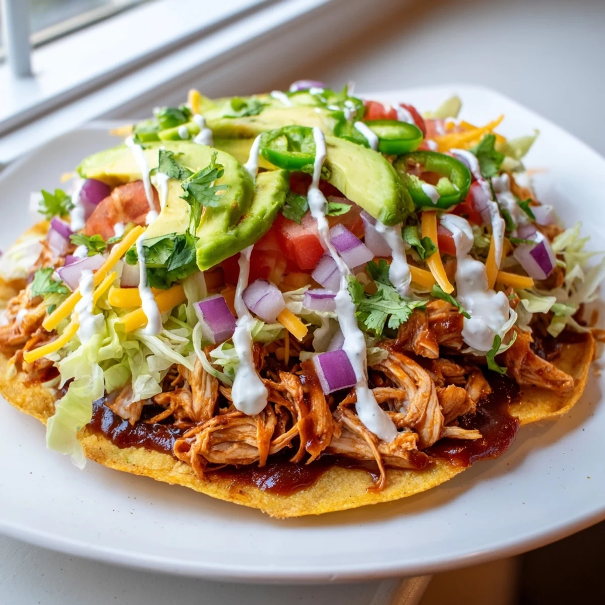 Golden tostada shells piled high with tender sweet smoky BBQ chicken and melted cheddar cheese