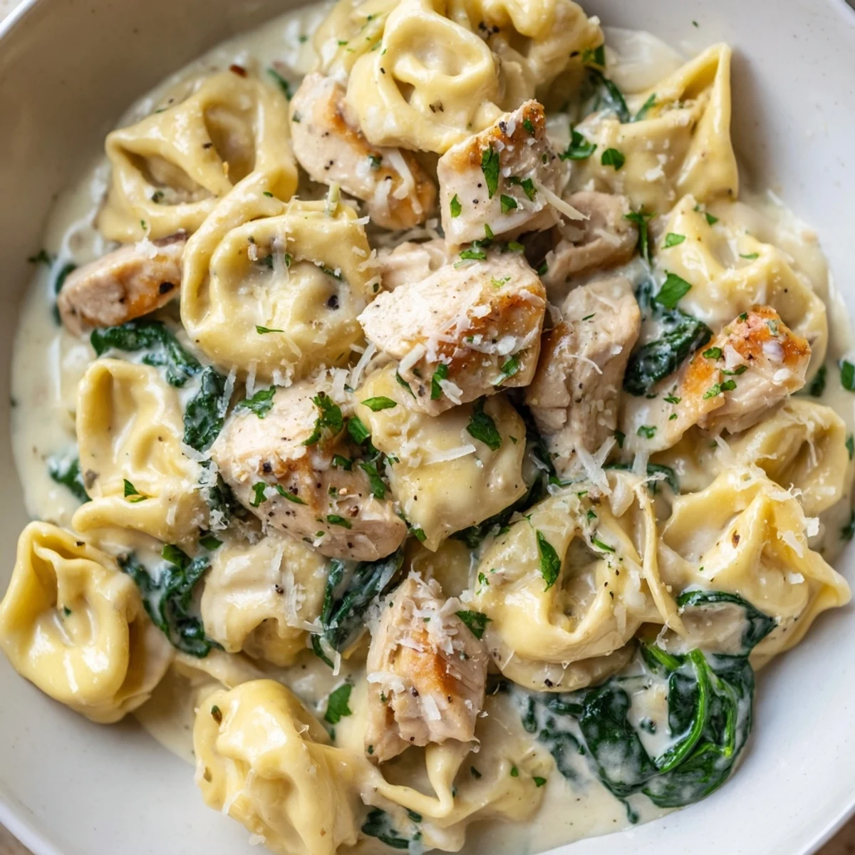 Creamy garlic chicken tortellini with spinach in a rich golden Parmesan sauce