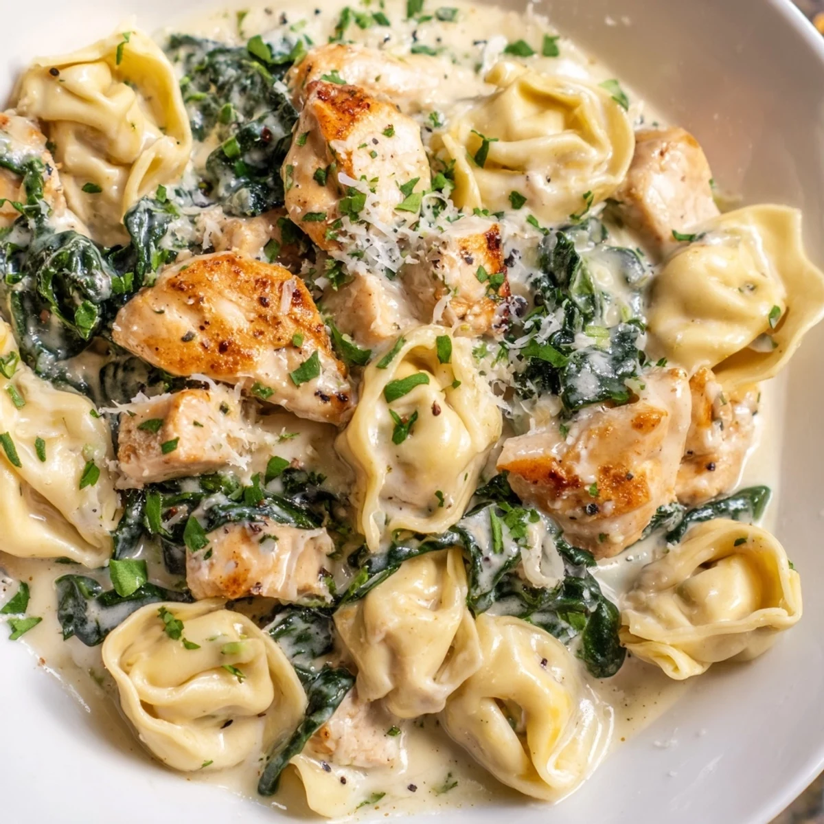 Steaming bowl of creamy garlic chicken tortellini tossed with wilted fresh baby spinach