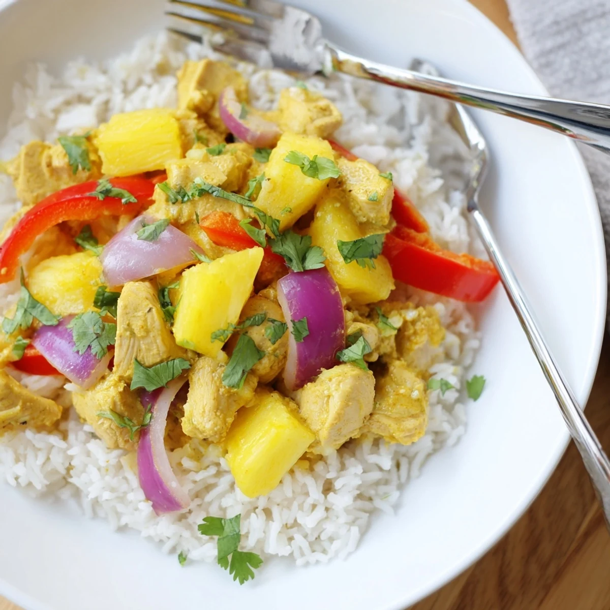 Golden chicken and fresh pineapple simmer in creamy coconut sauce for Tropical Dinner Delight