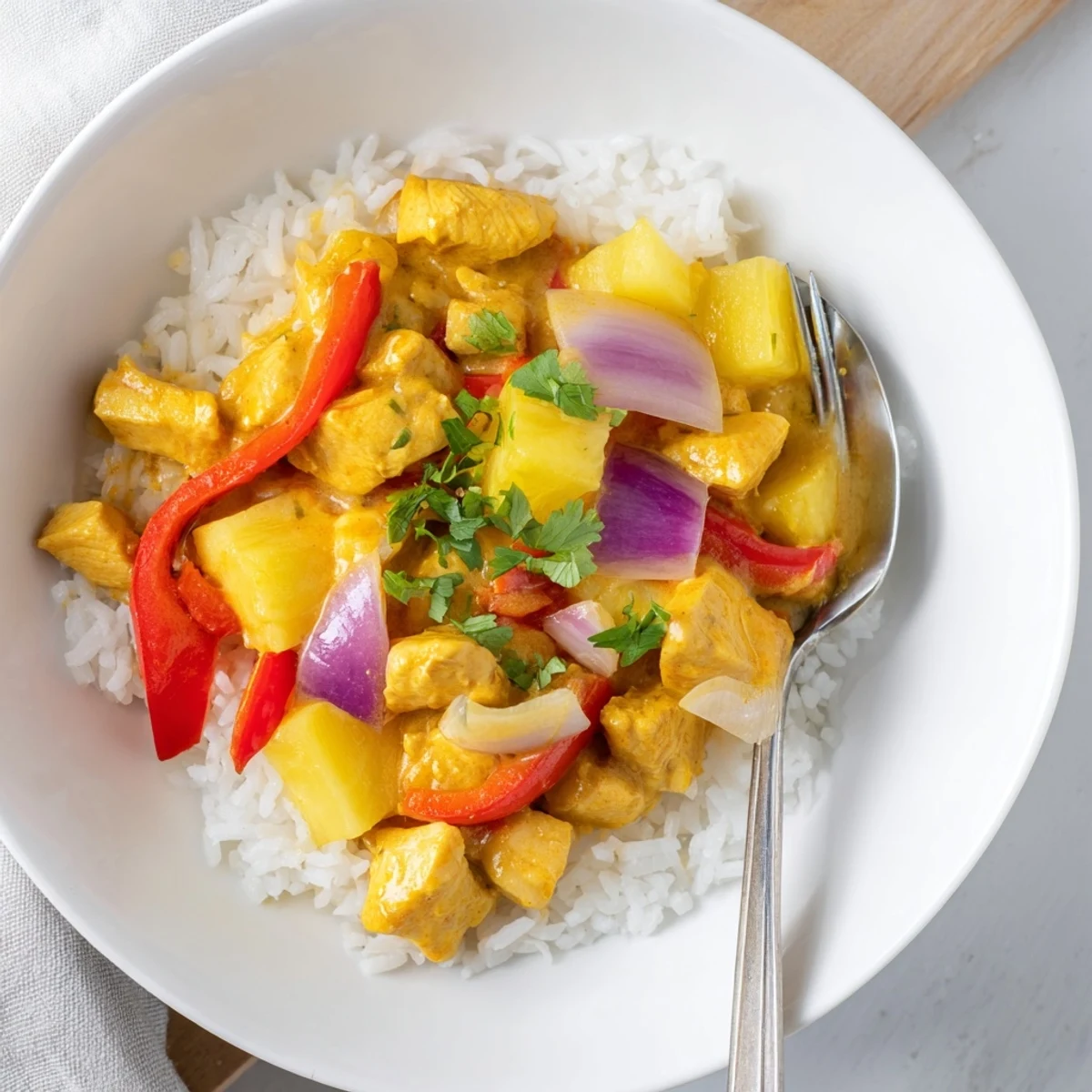 Tropical Dinner Delight served over fluffy jasmine rice with colorful bell peppers and cilantro
