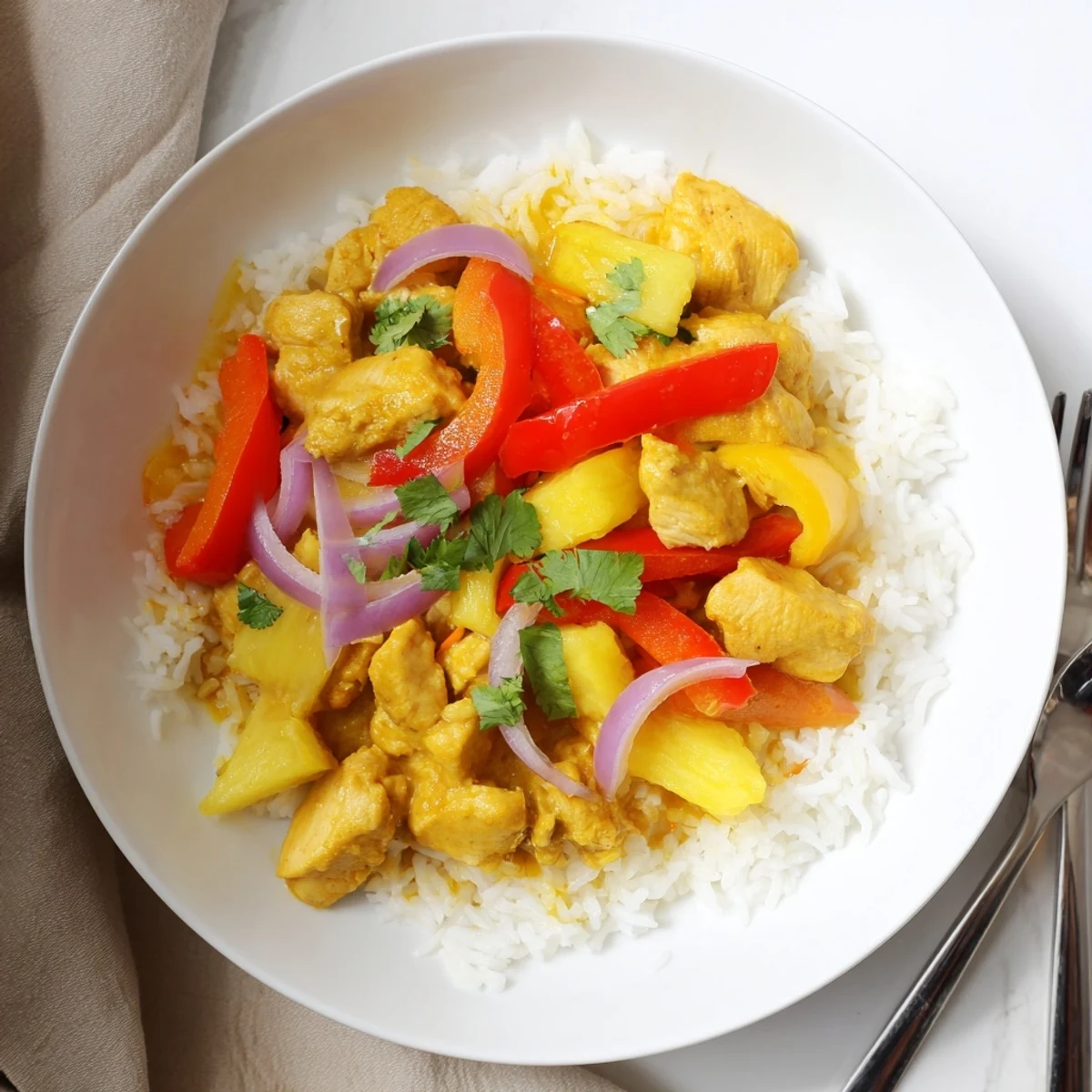 Juicy chicken pieces tossed with pineapple chunks in a vibrant coconut lime Tropical Dinner Delight