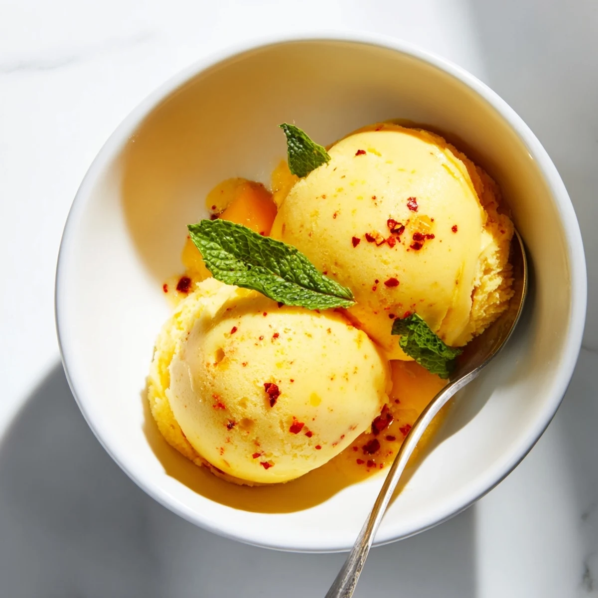 Creamy chili lime mango sorbet scooped into golden bowls with fresh mint garnish