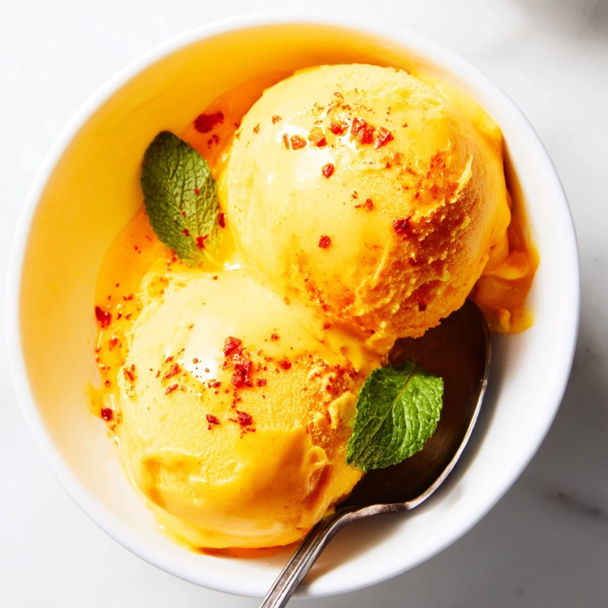 Vibrant creamy chili lime mango sorbet glistening with a dusting of chili spice