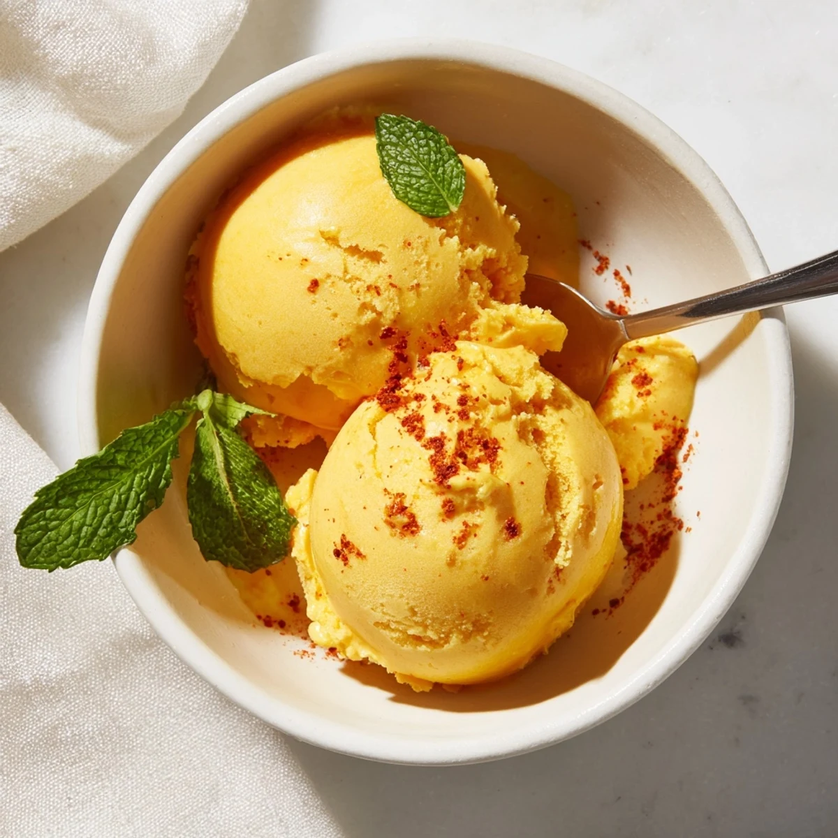 Smooth creamy chili lime mango sorbet served in lime halves on a sunny patio