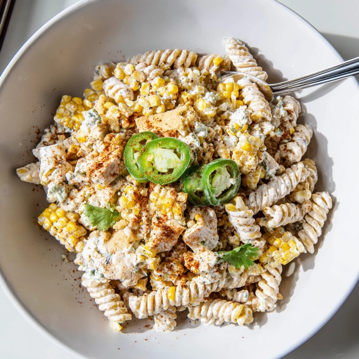 Creamy Mexican street corn chicken pasta salad topped with crushed tortilla chips and jalapeños