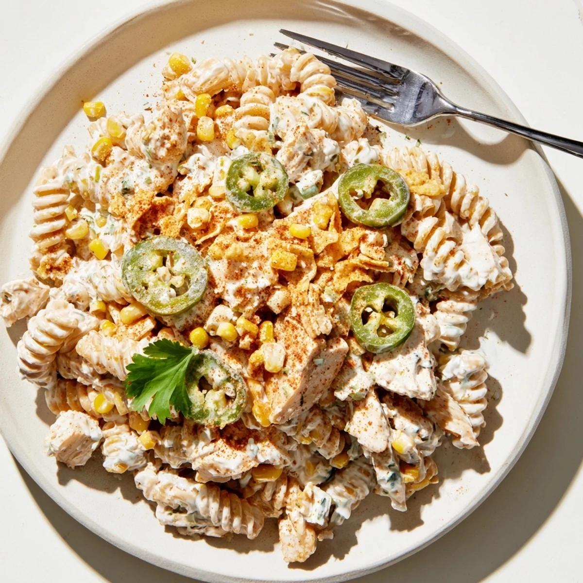 Golden charred corn and tender chicken tossed in zesty elote style pasta salad dressing