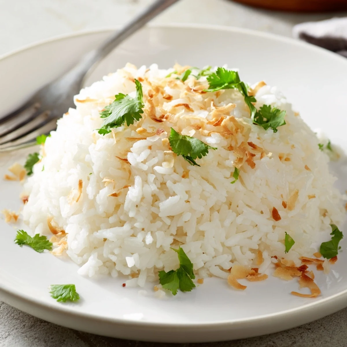 Creamy coconut rice steamed to fluffy perfection, garnished with toasted coconut flakes