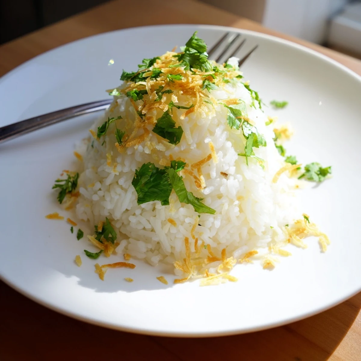 Golden coconut rice in a serving dish, perfectly tender and ready to accompany your favorite curry