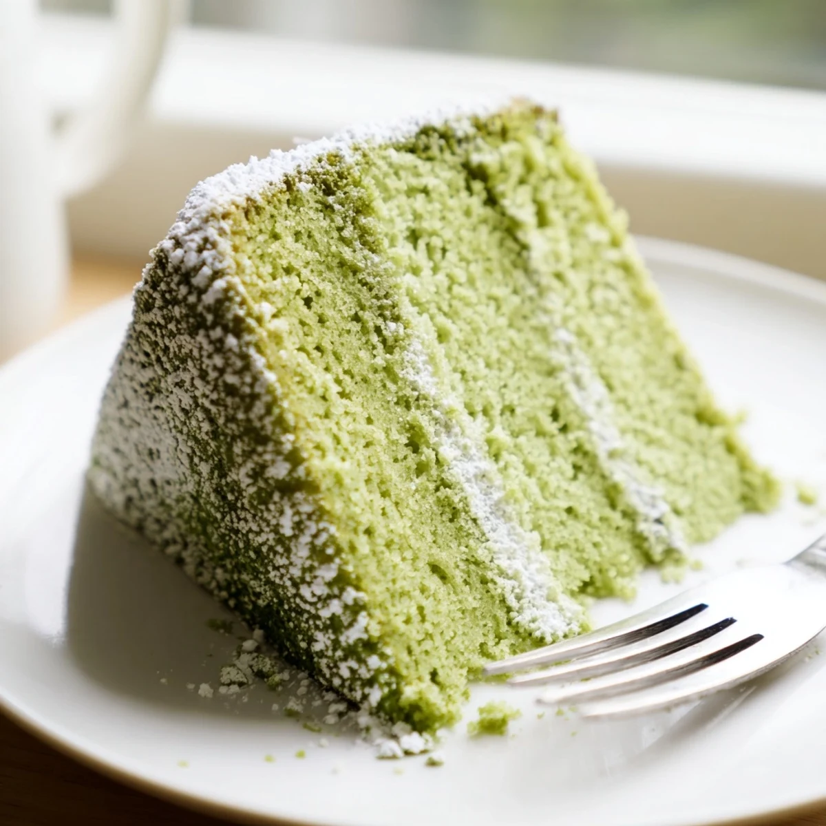 A slice of tender matcha cake dusted with green tea powder on a white plate