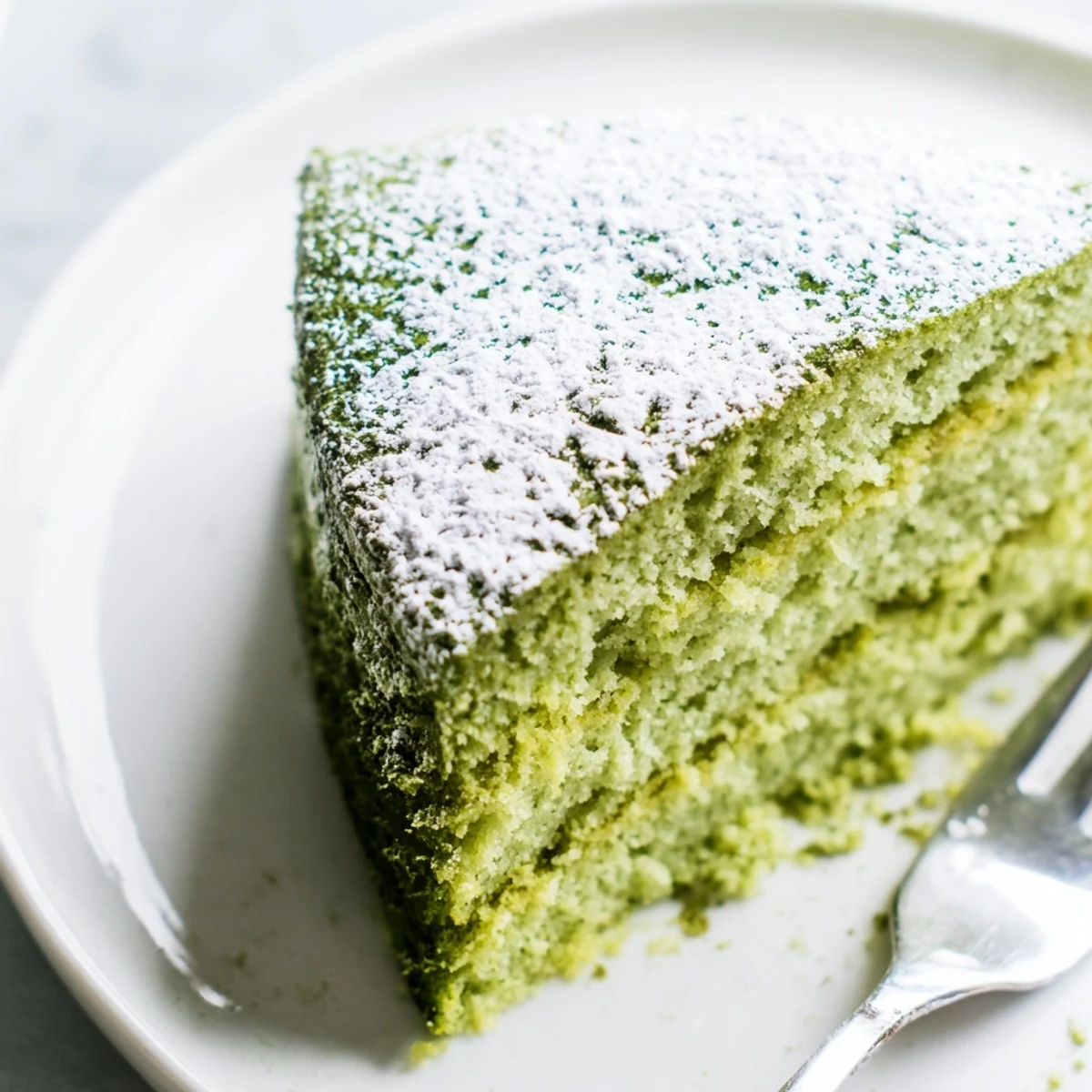 Fluffy matcha cake with a vibrant green crumb served alongside a cup of tea