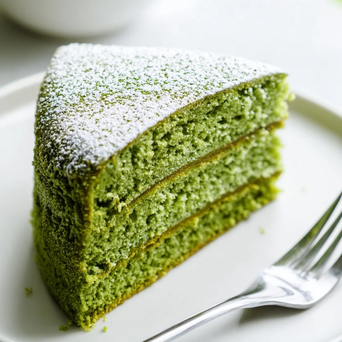 Homemade matcha cake topped with a powdered sugar and matcha dusting on a wire rack