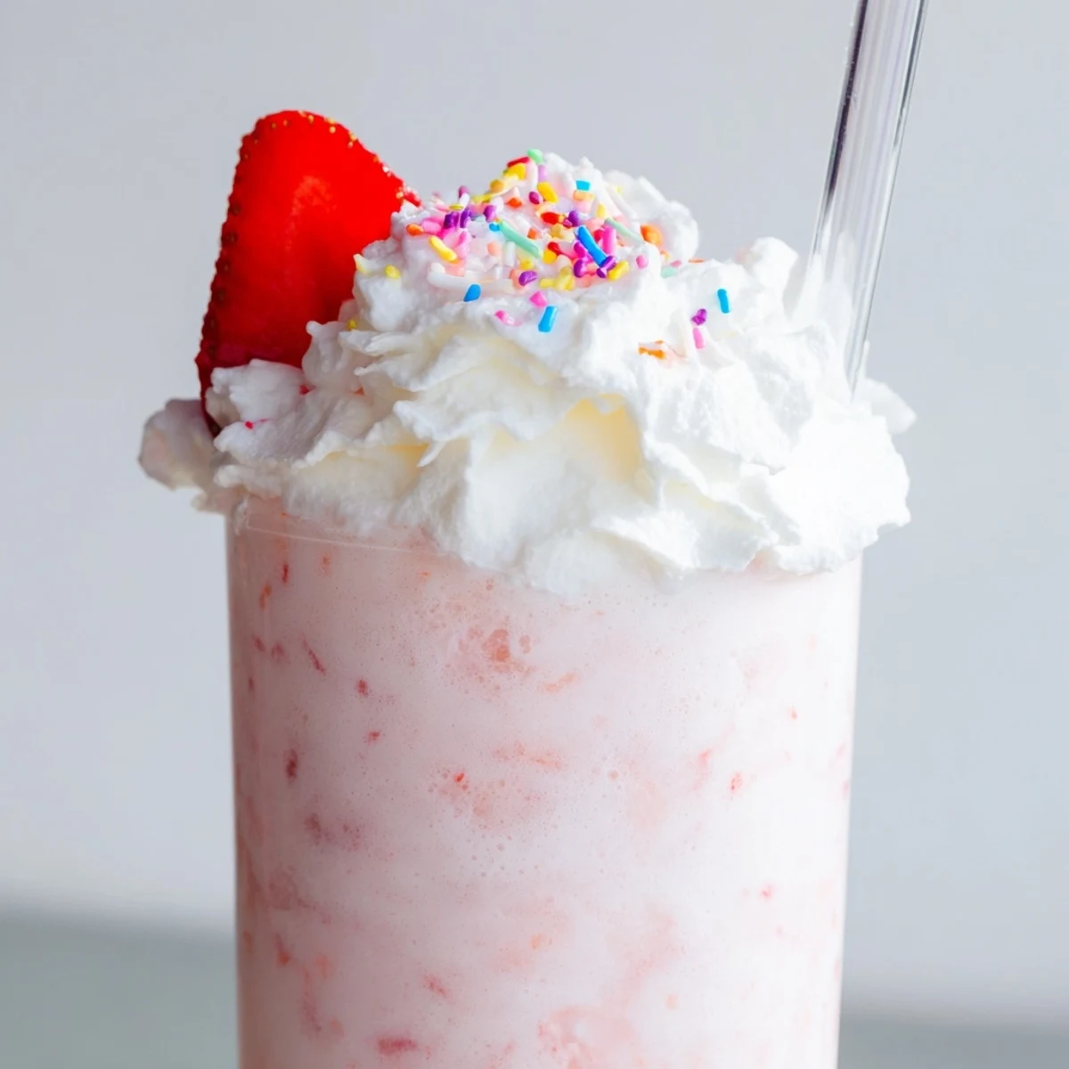 Thick strawberry milkshake topped with whipped cream in a tall glass