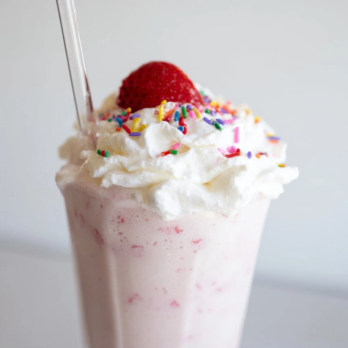 Pink strawberry milkshake garnished with fresh fruit and a striped straw
