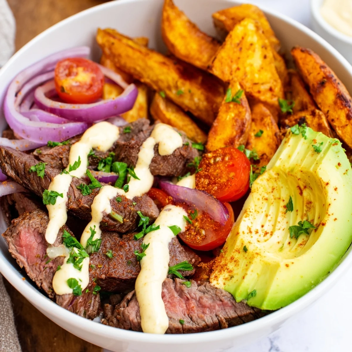 Crispy fries and tender steak strips drizzled with creamy mustard sauce in a rustic bowl.