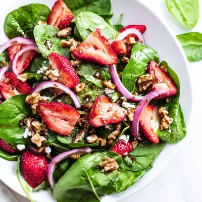 A close-up of Strawberry Walnut Spinach Salad with crumbled feta, showing the glossy dressing on each leaf.  