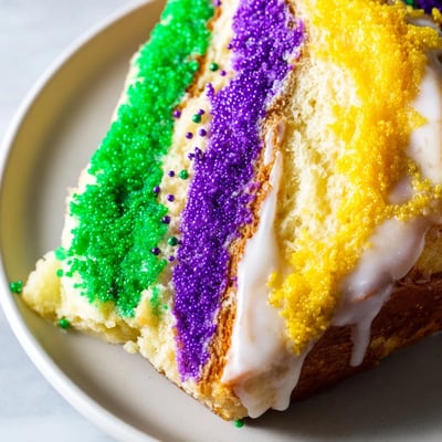 Slice of festive New Orleans King Cake reveals a creamy cream cheese filling inside soft, brioche-style bread on a rustic plate.
