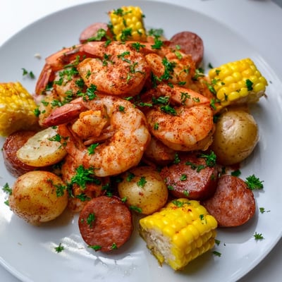 Freshly baked Sheet Pan Shrimp Boil featuring colorful vegetables, seasoned shrimp, and lemon wedges for serving.