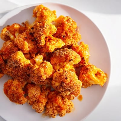 Golden florets of Crispy Baked Cauliflower Bites with Buffalo Sauce glisten with spicy sauce, served alongside crisp celery sticks for dipping.