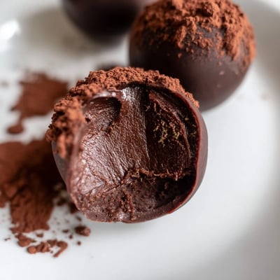 Rich Chocolate Truffles with Cocoa Powder coated in dark cocoa powder, served on a rustic wooden board.  
