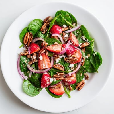 Sliced strawberries and red onions nestle among crisp spinach leaves, topped with crumbled feta and golden toasted pecans.