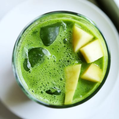 Fresh spinach and apple smoothie poured into a chilled glass, garnished with a mint leaf for breakfast.