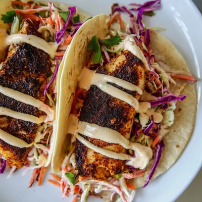 Freshly prepared Cajun Blackened Fish Tacos with lime wedges and vibrant slaw for a zesty finish.  