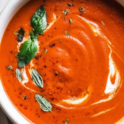 Steaming bowl of fire roasted tomato soup drizzled with olive oil and herbs