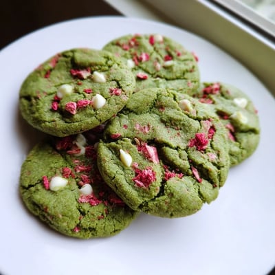 Chewy strawberry matcha cookies fresh from the oven on a wire cooling rack