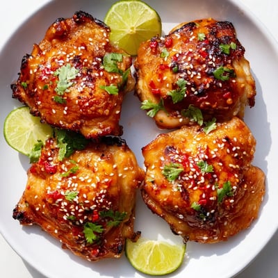 Golden sweet chili air fryer chicken thighs garnished with sesame seeds and fresh cilantro