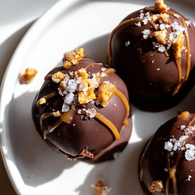 Creamy Salted Caramel Pretzel Cheesecake Balls coated in glossy chocolate and sprinkled with flaky sea salt