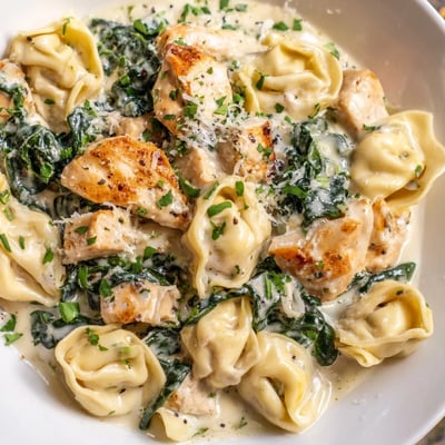 Steaming bowl of creamy garlic chicken tortellini tossed with wilted fresh baby spinach
