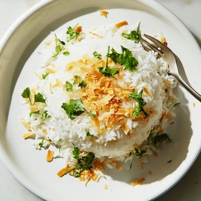 Steaming bowl of fragrant coconut rice topped with fresh cilantro and toasted coconut