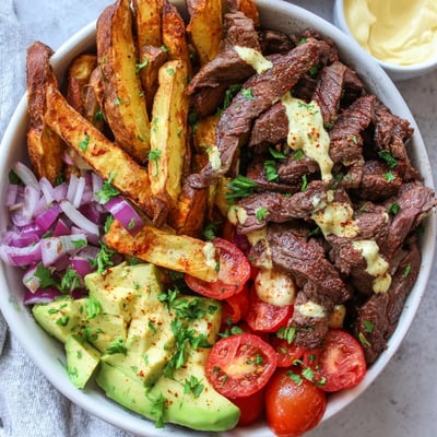 Golden French fries topped with juicy sliced steak, fresh avocado, and vibrant cherry tomatoes.
